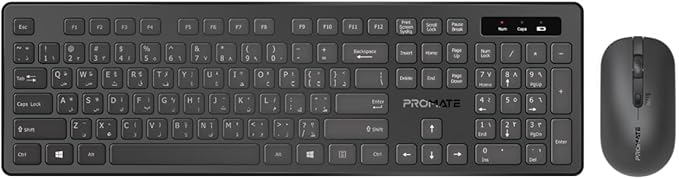 Promate ProCombo-13 English/Arabic Wireless Keyboard And Mouse Combo, Slim Full-Size 2.4Ghz Wireless Keyboard With 1600 DPI Ambidextrous Mouse, Nano USB Receiver, Quiet Keys - Black