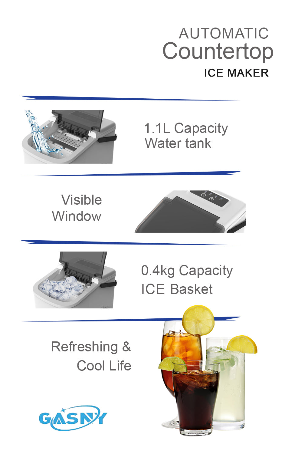 Gasny Energy Efficient Automatic Countertop Ice Maker with Fast Ice Production & Self-Cleaning Function