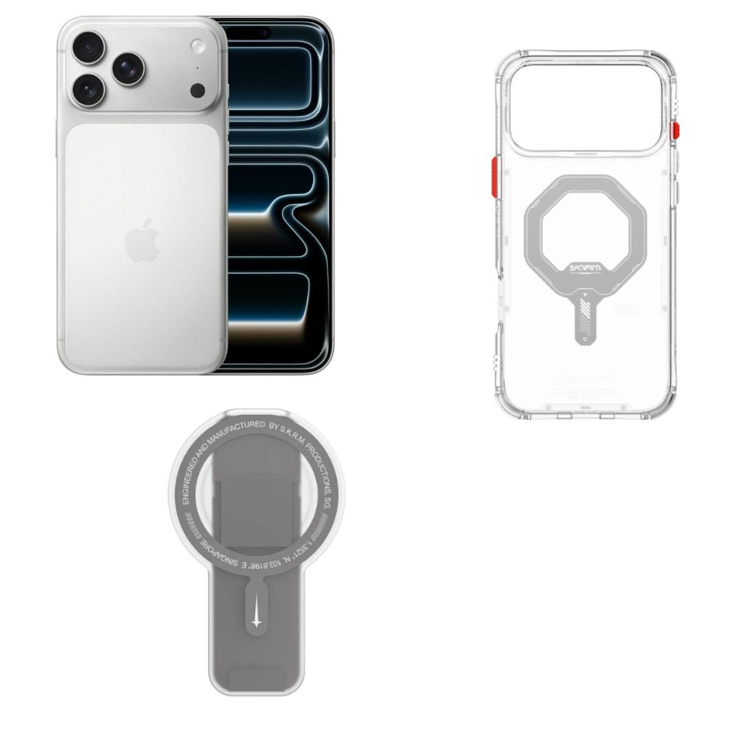 Bundle Apple iPhone 17 Pro Max(256GB) Silver 12GB RAM 6.9"+SkinArma Saido MagSafe Case for iPhone 17 Pro Max - Clear+SKINARMA MAGNETIC SMART GRIP-STAND ARCH XE PHAZE-GREY
