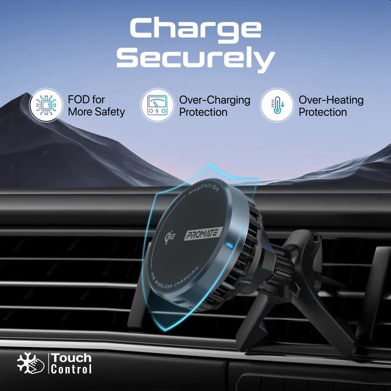 Promate 15W ActiveCool Cradleless Qi2 Certified Wireless Smartphone Charger Mount - Black