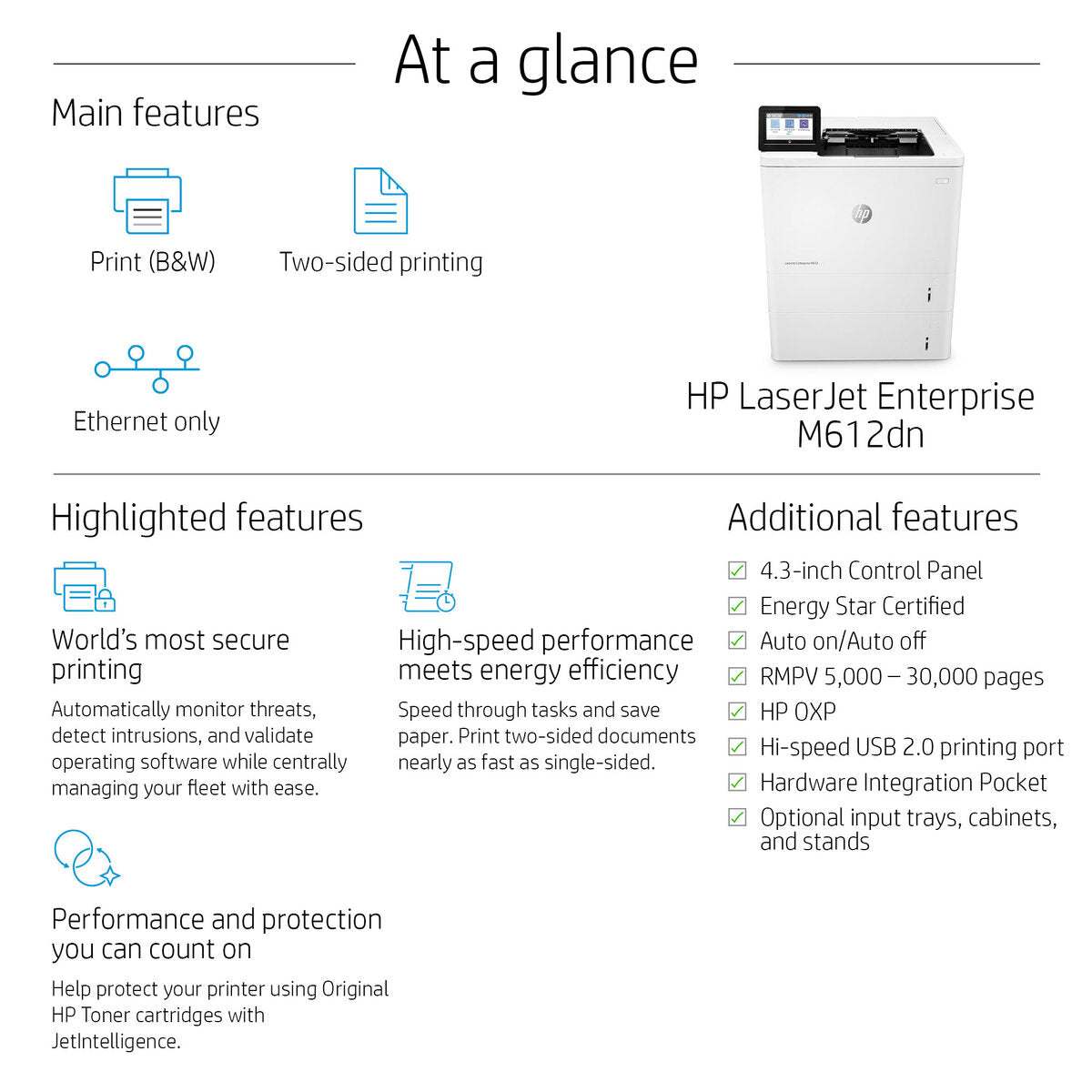 HP LaserJet Enterprise M612dn - 71ppm / 1200dpi / A4 / USB / LAN / Mono Laser - Printer