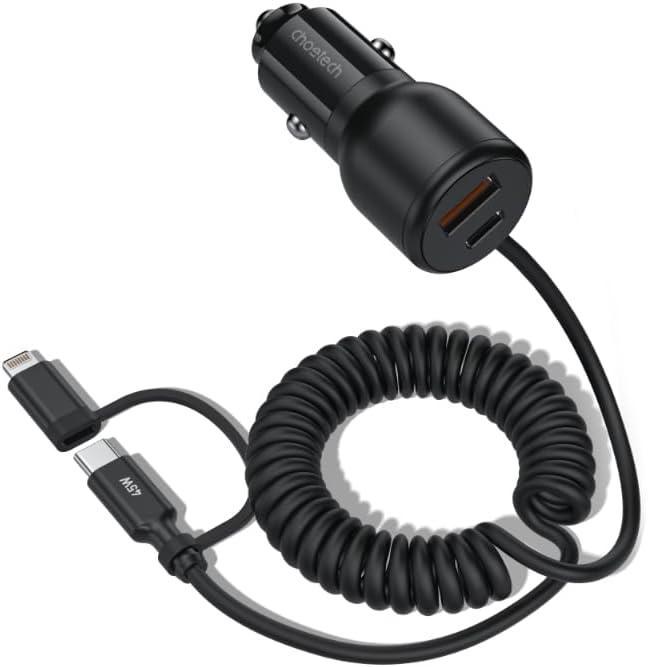 شاحن سيارة Choetech TC0038 بقوة 65W بمنفذ USB-C ومنفذ Lightning – شحن سريع