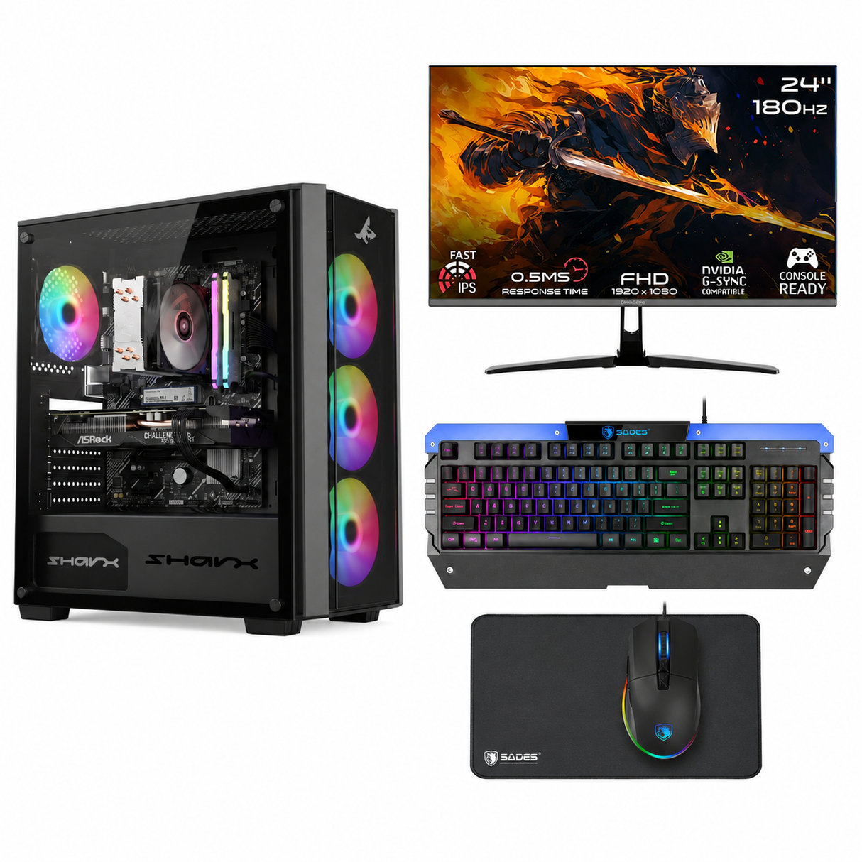 Custom Gaming PC Bundle Intel Core i5-14400F, AMD Radeon RX 6600 XT 8GB, 16GB DDR5 6000MHz, 1TB NVMe SSD, With GAMEON 24" FHD Monitor, Sades Gaming Combo Battle Ram