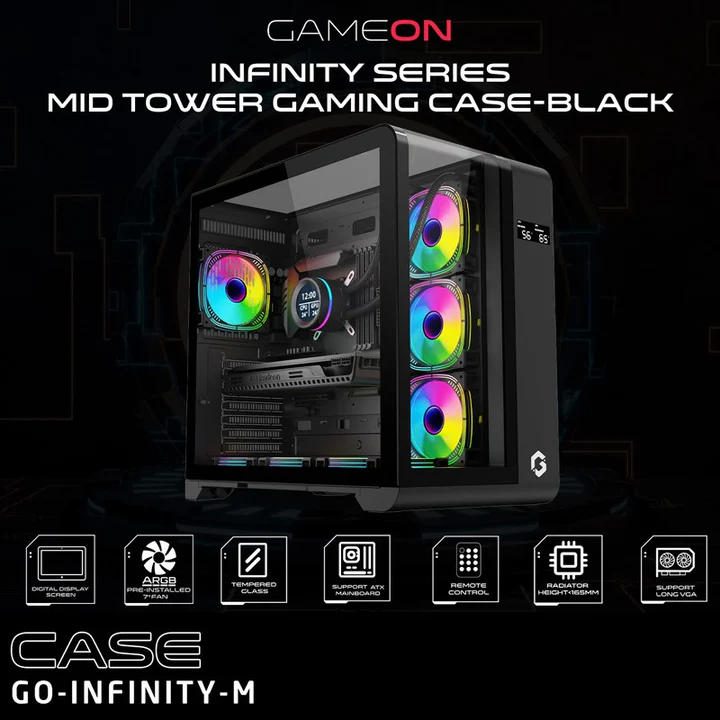 GAMEON INFINITY Series ARGB ATX Mid Tower Gaming PC Case - Black (7 ARGB Fans Included)