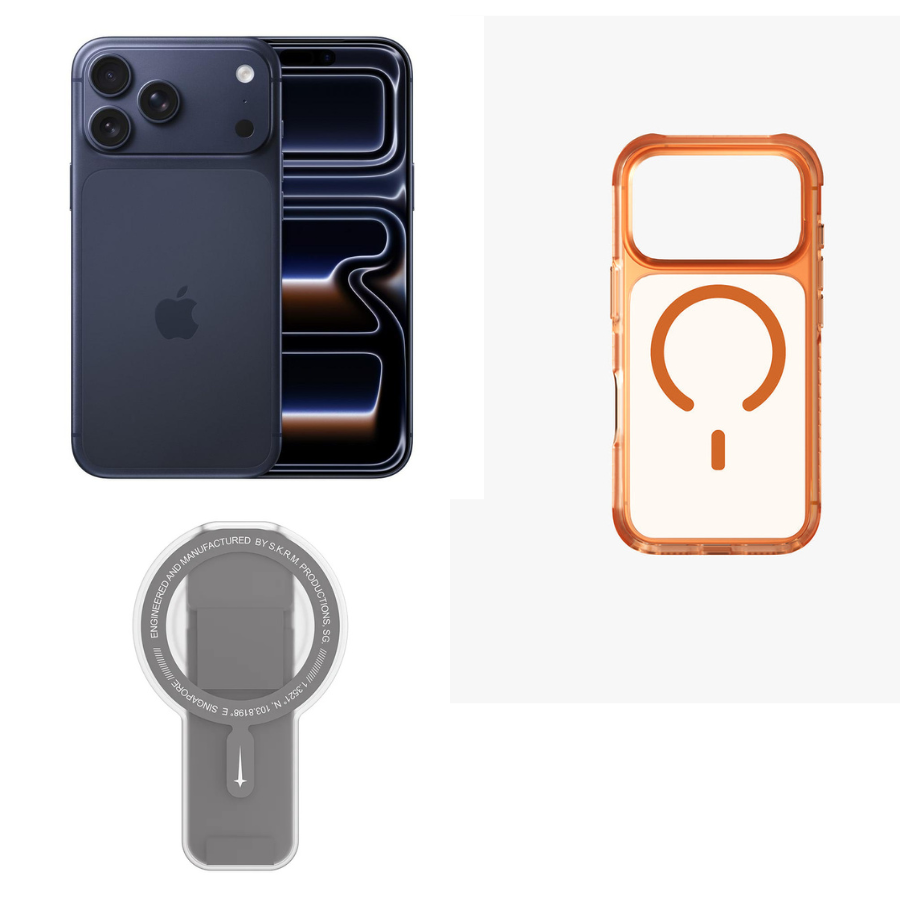 Bundle Apple iPhone 17 Pro Max(2TB)12GB RAM 6.9"-Deeb Blue+SKINARMA MAGNETIC SMART GRIP-STAND ARCH XE PHAZE-GREY+Uniq Hybrid Combat Magsafe Case for iPhone 17 Pro Max - Volt Orange