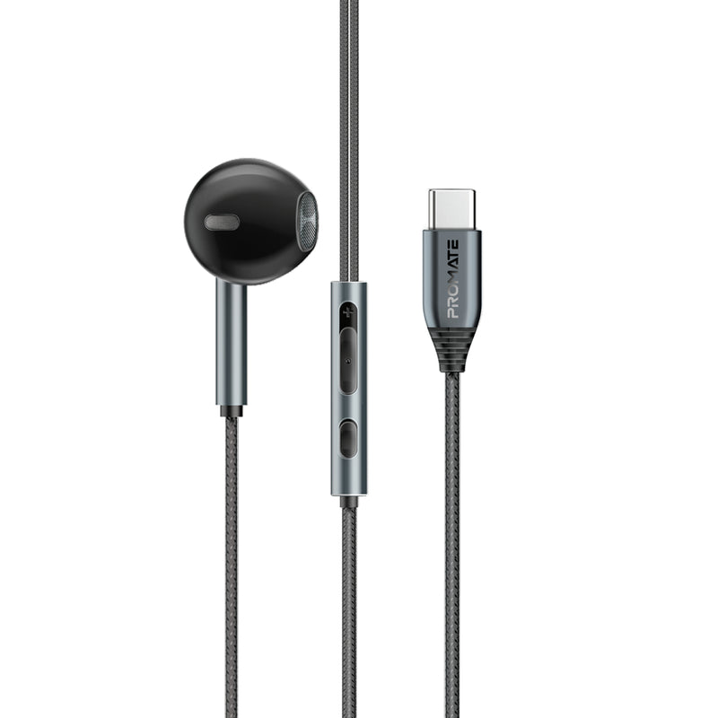 Promate Laxi-M.Black High Fidelity USB-C ENC Mono Wired Earphone In-Line Microphone & Volume Controls - Black