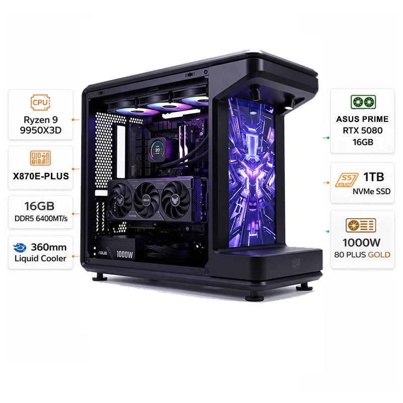 Custom Gaming PC AMD Ryzen 9 9950X3D, RTX 5080 16GB, RAM 16GB DDR5 6400MHz, 1TB NVMe SSD, Windows 11 Pro