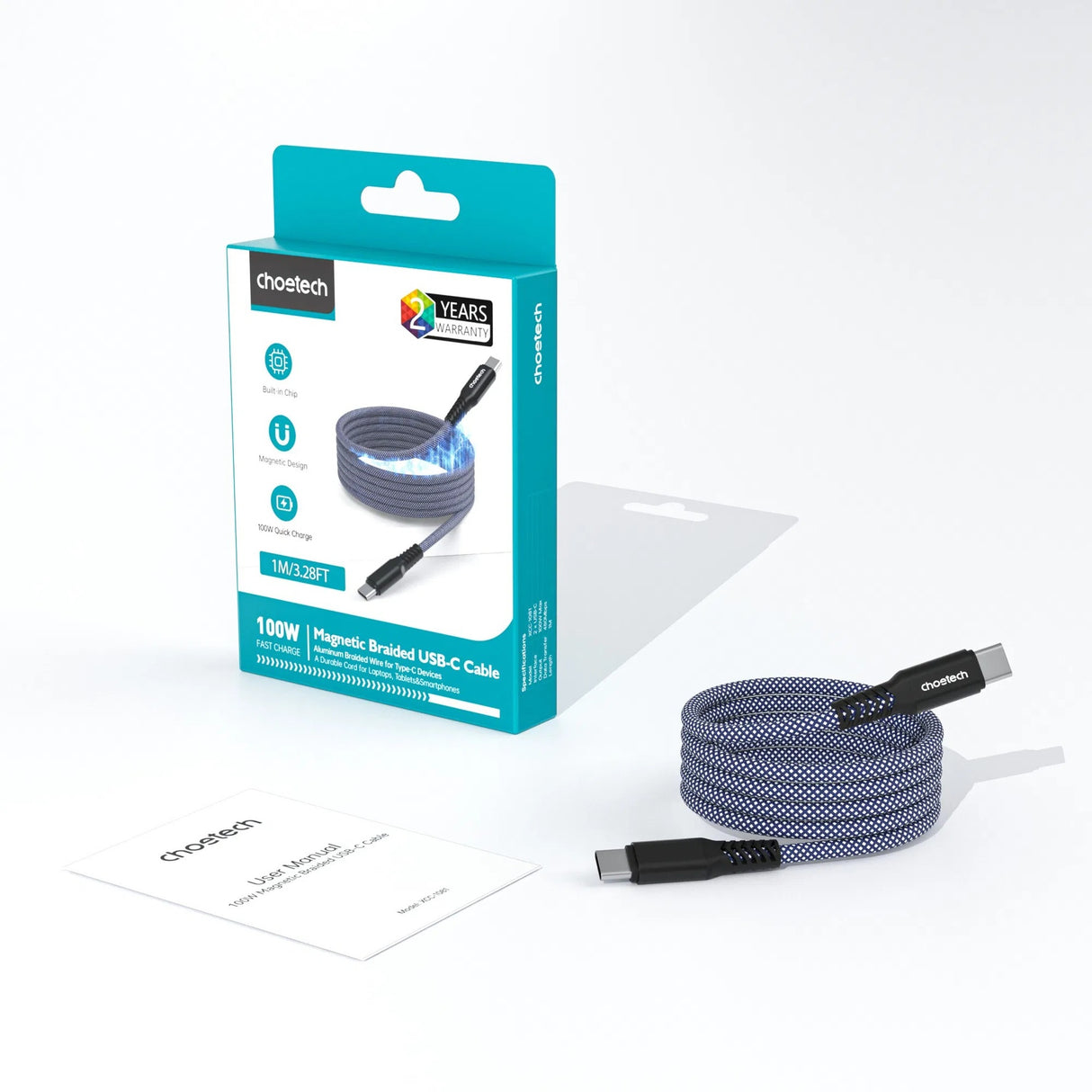 كابل Choetech 100W مغناطيسي سريع الشحن USB-C إلى USB-C بطول 1 متر – أزرق