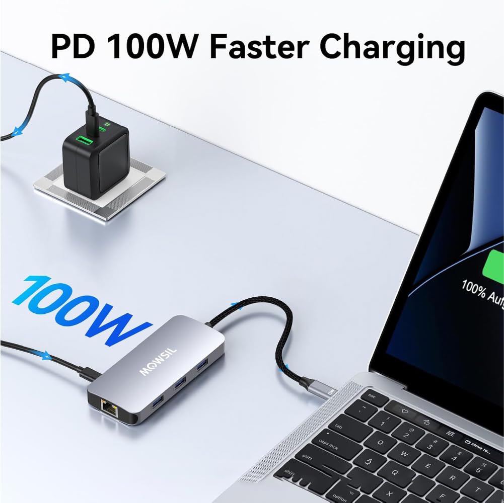 محطة إرساء موسيل 6 في 1 USB-C | HDMI بدقة 4K بمعدل 60 هرتز، شحن سريع بقدرة 100 واط، منفذ RJ45، منفذي USB 3.0 ومنفذ USB-C لنقل البيانات | متوافقة مع MacBook و iPad
