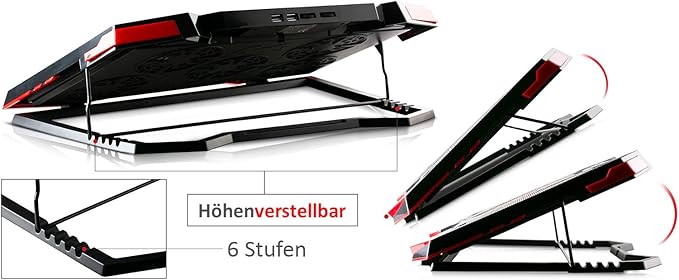 Game Cooling Pad Laptop Cooler with 5 Quiet Red LED Fans - Black/Red