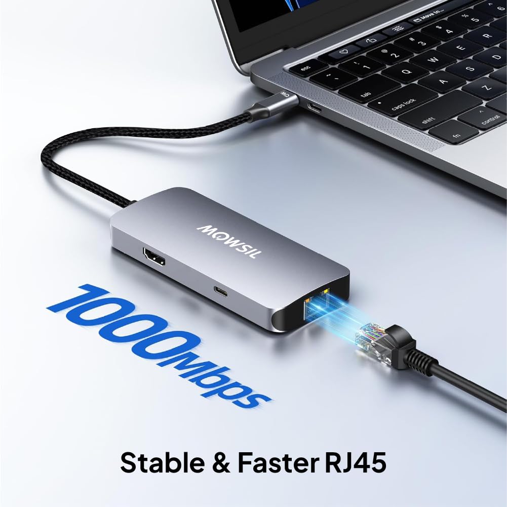 محطة إرساء موسيل 6 في 1 USB-C | HDMI بدقة 4K بمعدل 60 هرتز، شحن سريع بقدرة 100 واط، منفذ RJ45، منفذي USB 3.0 ومنفذ USB-C لنقل البيانات | متوافقة مع MacBook و iPad