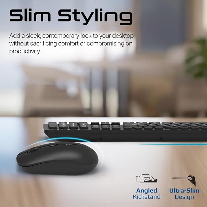 Promate ProCombo-13 English/Arabic Wireless Keyboard And Mouse Combo, Slim Full-Size 2.4Ghz Wireless Keyboard With 1600 DPI Ambidextrous Mouse, Nano USB Receiver, Quiet Keys - Black