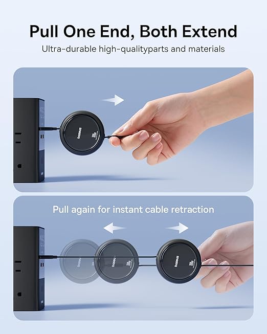 كابل Baseus Free2Pull Mini 2-in-1 قابل للانسحاب للشحن السريع USB-C إلى C+C 100 واط 1.2 متر - أسود كوني