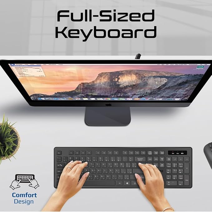 Promate ProCombo-13 English/Arabic Wireless Keyboard And Mouse Combo, Slim Full-Size 2.4Ghz Wireless Keyboard With 1600 DPI Ambidextrous Mouse, Nano USB Receiver, Quiet Keys - Black