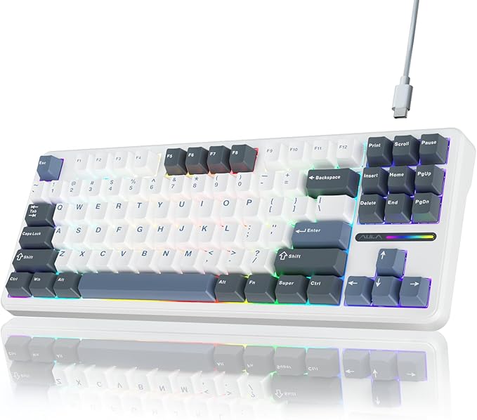AULA F87 87 Keys Compact TKL Gasket Hot-Swappable Type-C Wired Gaming Keyboard LEOBOG Grey Wood V3 - Glacier Blue
