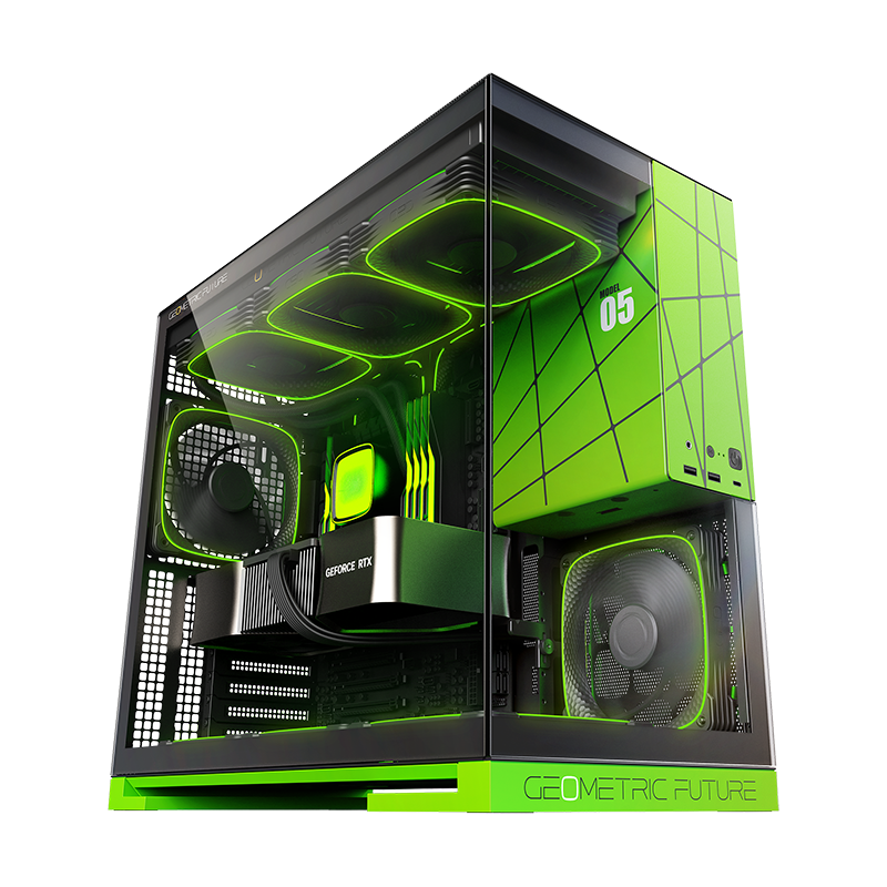Geometric Future Model 5 Mid Tower Glass Case with 5 Fans  - Black & Green