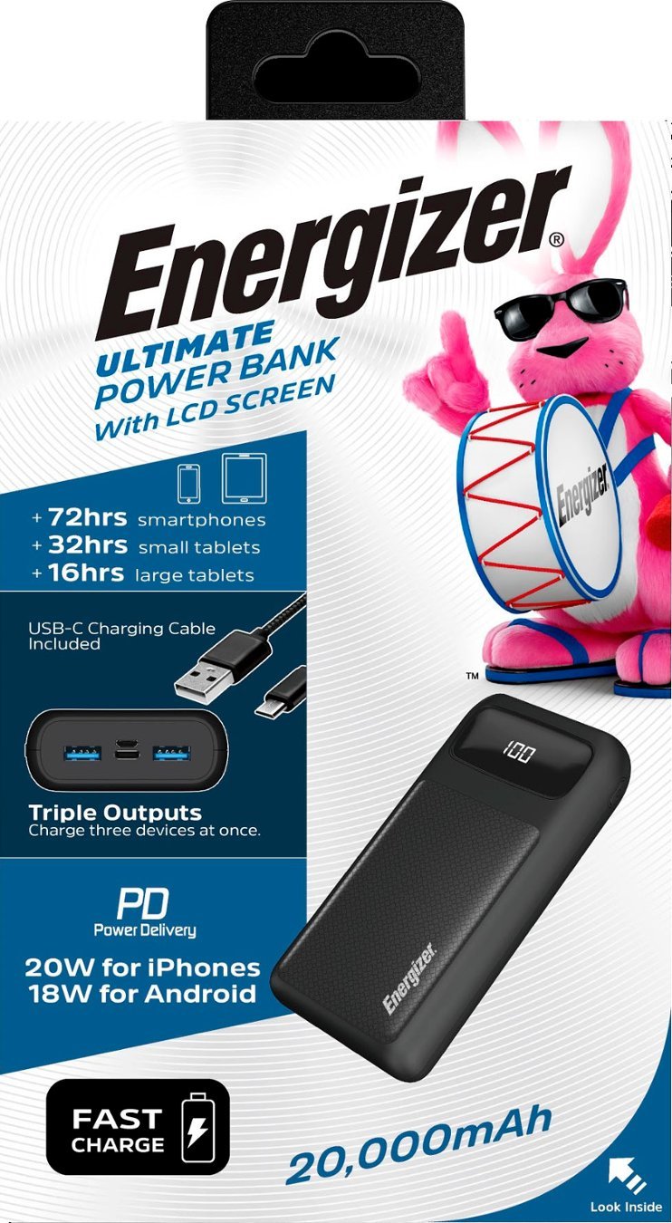 Energizer Ultimate 20000 mAh Power Bank, 22.5W, Triple Output, with Power Delivery 20W, LCD Indicator, Black