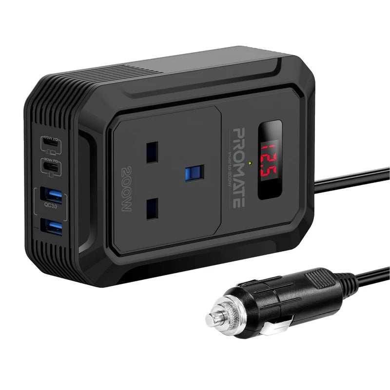 Promate Multi-Port DC to AC Power Inverter with 200W AC Socket - Black