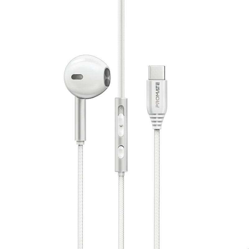 Promate Laxi-M.White High Fidelity USB-C ENC Mono Wired Earphone In-Line Microphone & Volume Controls - White
