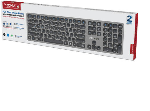 Promate ProKeys-X2 EN/AR Full-Size Triple-Mode Slim Wireless Keyboard w/ Scissor Keys, & Multi-Device Connectivity - Black