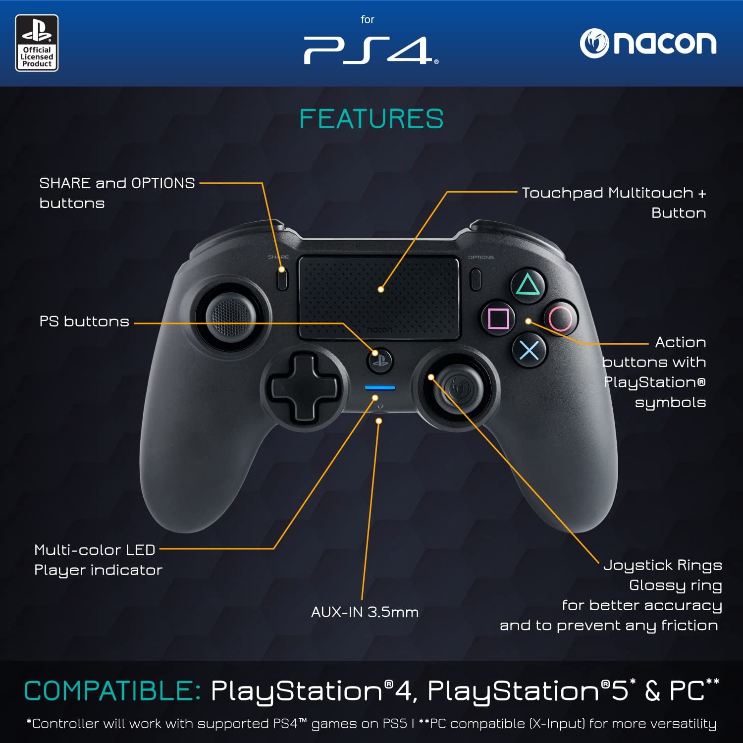NACON Asymmetric Wireless Controller for Ps4