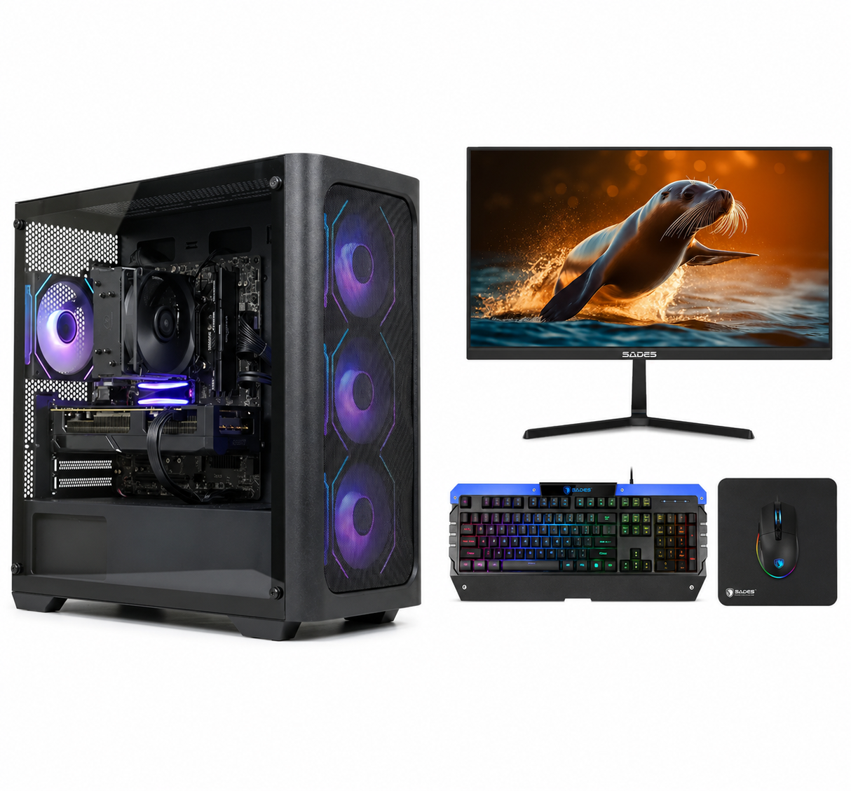 Custom Gaming PC Bundle Intel Core i5-14400F, RTX 5070 12GB, 16GB RAM DDR5 6000MHz, 1TB SSD, With SADES AU-Sealion 24" FHD Monitor & Sades Gaming Combo Battle Ram