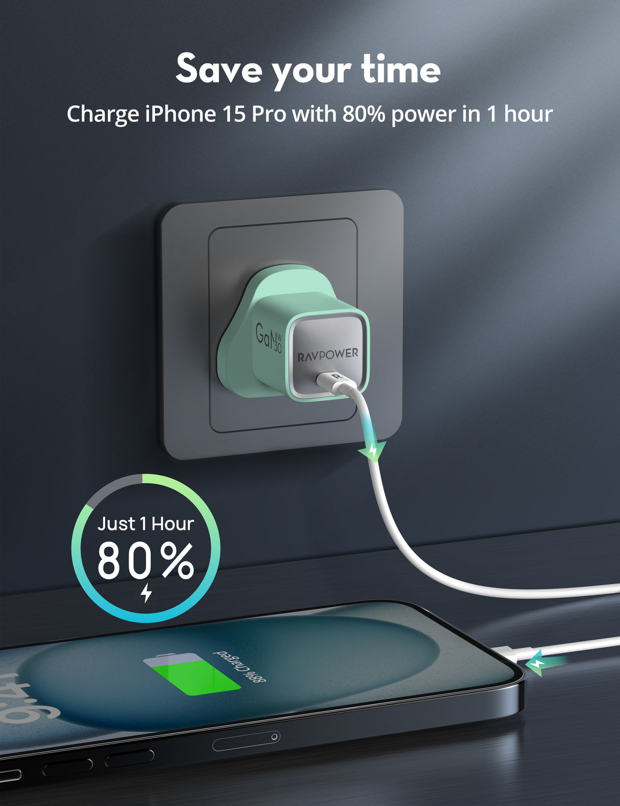 راف باور RP-PC1056 ميني شاحن USB-C GaN بقوة 30 واط اخضر— RP-PC1056G