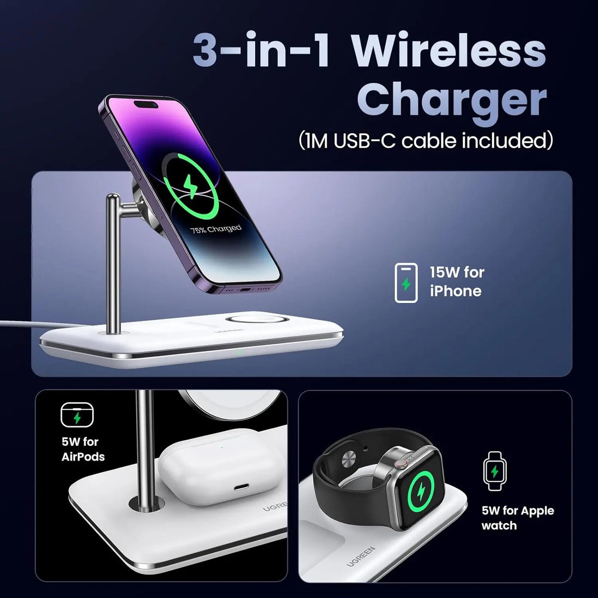 UGREEN 3-in-1 Wireless Charger White