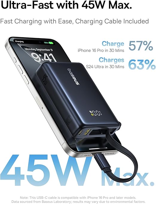 Baseus PicoGo Digital Display Power Bank with Built-in UBB-C Cable 10000mAh 45W - Cosmic Black