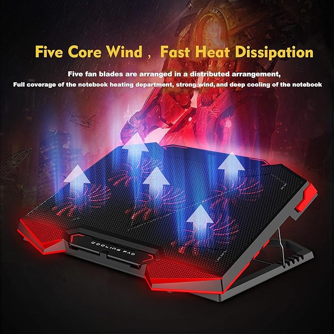 Game Cooling Pad Laptop Cooler with 5 Quiet Red LED Fans - Black/Red