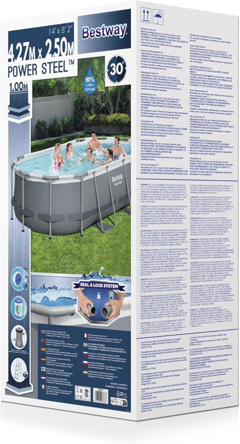 BESTWAY 4.27M X 2.50M X 1.00M OVAL POOL SET (Contents:One Pool, Filter Pump(220-240V), Ladder, ChemConnect Dispenser, Compatible with Cartridge 58094(II)220-240V) 56620 (Installation Not Included)