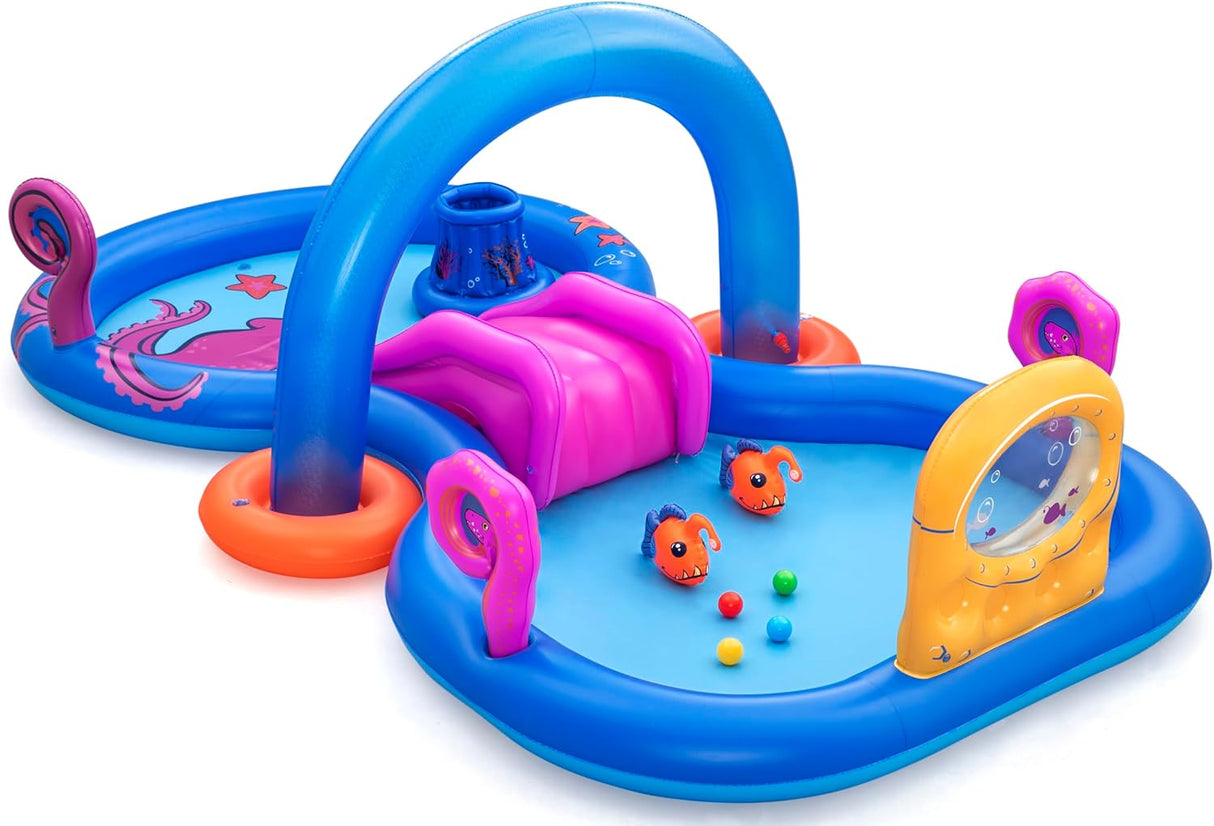BESTWAY 3.30m x 1.88m x 1.17m Sea Odyssey Play Center (1 pool,1 arch sprinkler,1 slide, 1 basket, 2 Puffy Pal fish, 2 rackets, 4 play balls, repair patch) Age 2+ / 53167