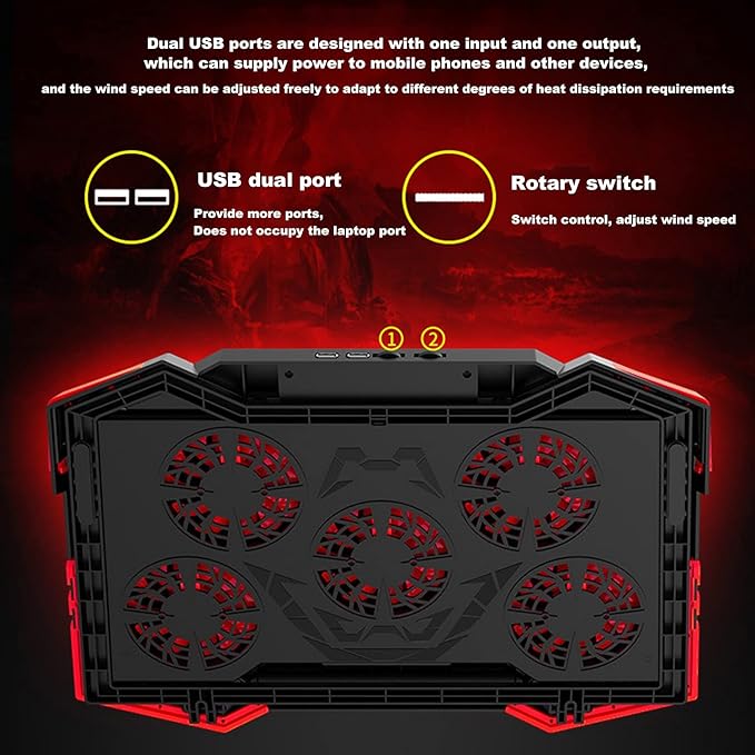 Game Cooling Pad Laptop Cooler with 5 Quiet Red LED Fans - Black/Red