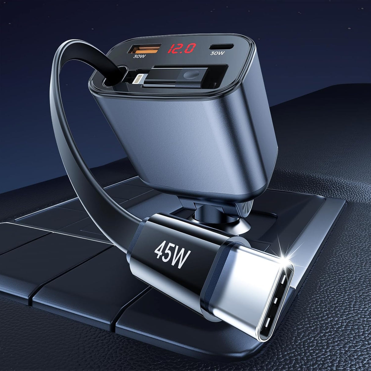 Choetech TC0033 105W Car Charger with Retractable Cable Charger - Black