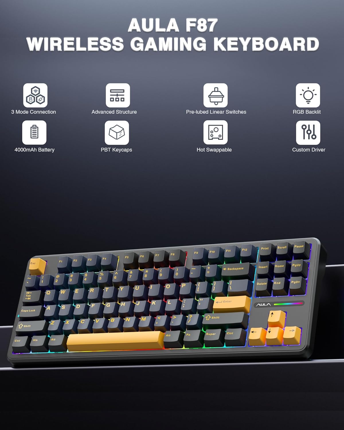 AULA F87 87 Keys Compact TKL Gasket Hot-Swappable Type-C Wired  Gaming Keyboard LEOBOG Grey Wood V3 - Black