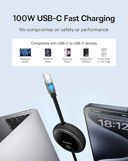 كابل Baseus Free2Pull Mini 2-in-1 قابل للانسحاب للشحن السريع USB-C إلى C+C 100 واط 1.2 متر - أسود كوني