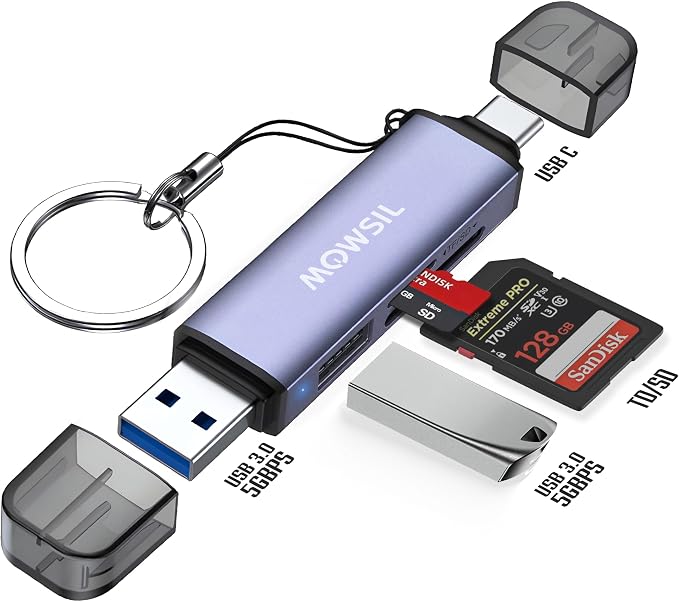 قارئ بطاقات SD متعدد الوظائف من موسيل، يدعم USB 3.0 وUSB-C OTG | محول ثنائي الفتحة بسرعة 5 جيجابت في الثانية لأجهزة Mac وWindows