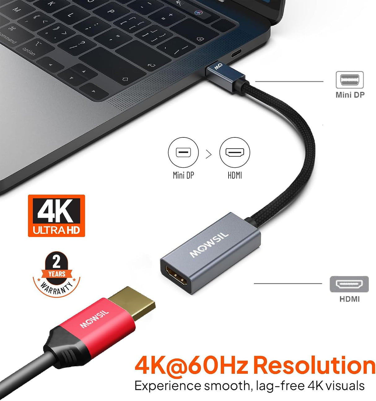Mowsil Mini DisplayPort to HDMI Adapter – 4K@60Hz, Gold-Plated, Plug & Play for MacBook, PC & TV