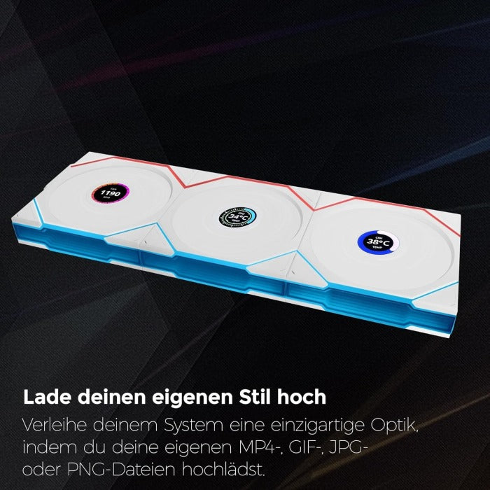 LIAN LI UNI FAN TL Wireless LCD Reverse Blade 120mm ARGB Case Fans with 1.6” LCD Screen (3 Pack)- WHITE