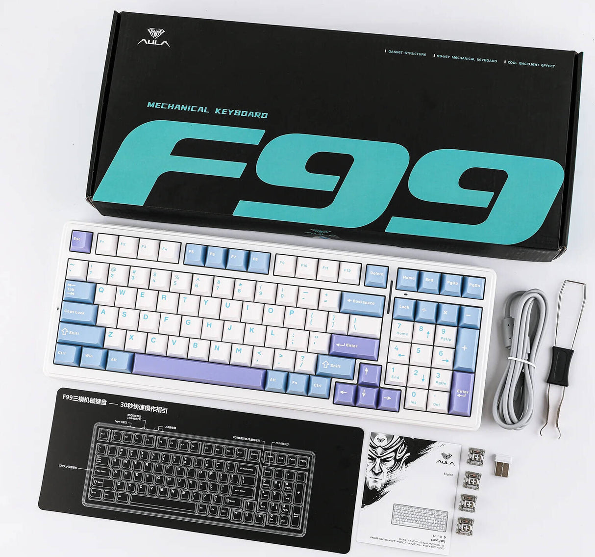 AULA F99 98% Gasket-Mounted Hot-Swappable Wireless Mechanical Keyboard Reaper switch - White Blue