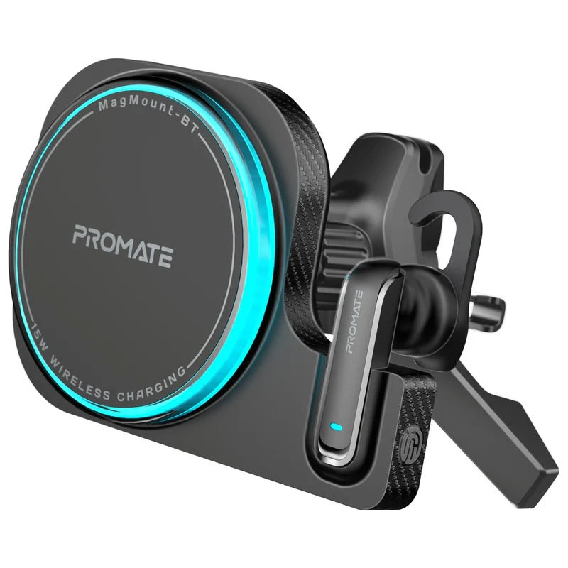 Promate 2-in-1 MagSafe Compatible 15W Wireless Car Charger with Built-in Wireless Mono ENC Earphone - Black