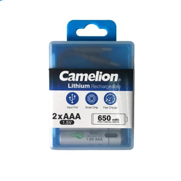 CAMELION Rechargeable lithium Battery: Type-C input Battery UB-AAA650-PBH2 ( 2pcs/box+10cm Type A to Type C x 2 cable ) 1.5V Lithium AAA Rechargeable - 430mah / 650mWh 7