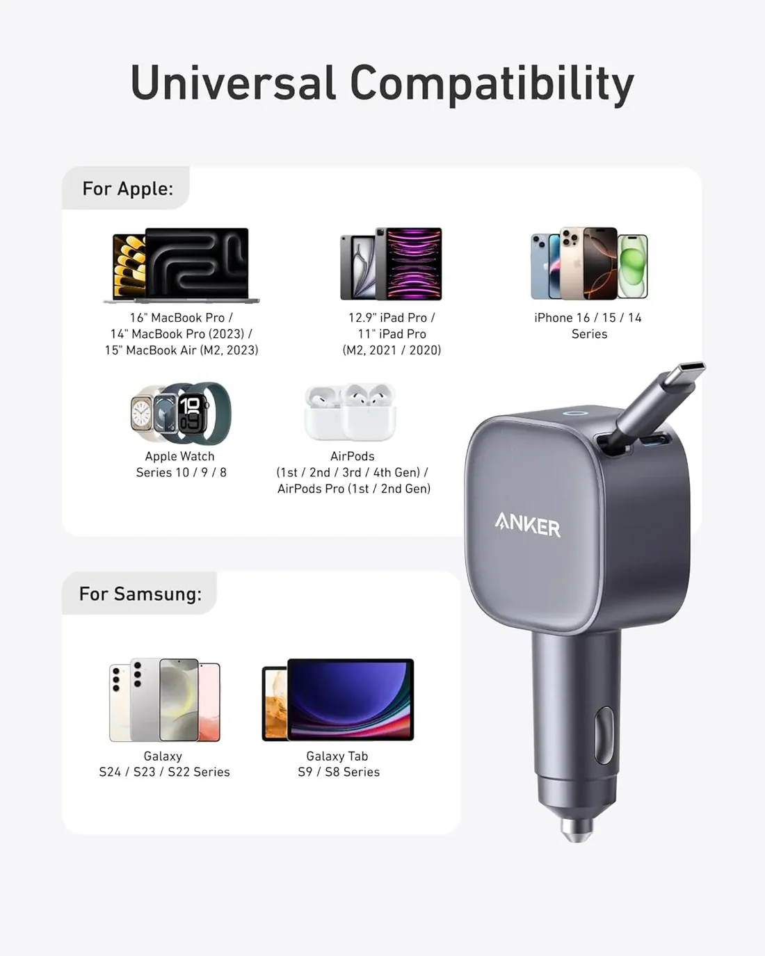 Anker Nano Car Charger (75W, USB-C Port, Built-in Retractable USB-C Cable) A2738HA2 - Silver