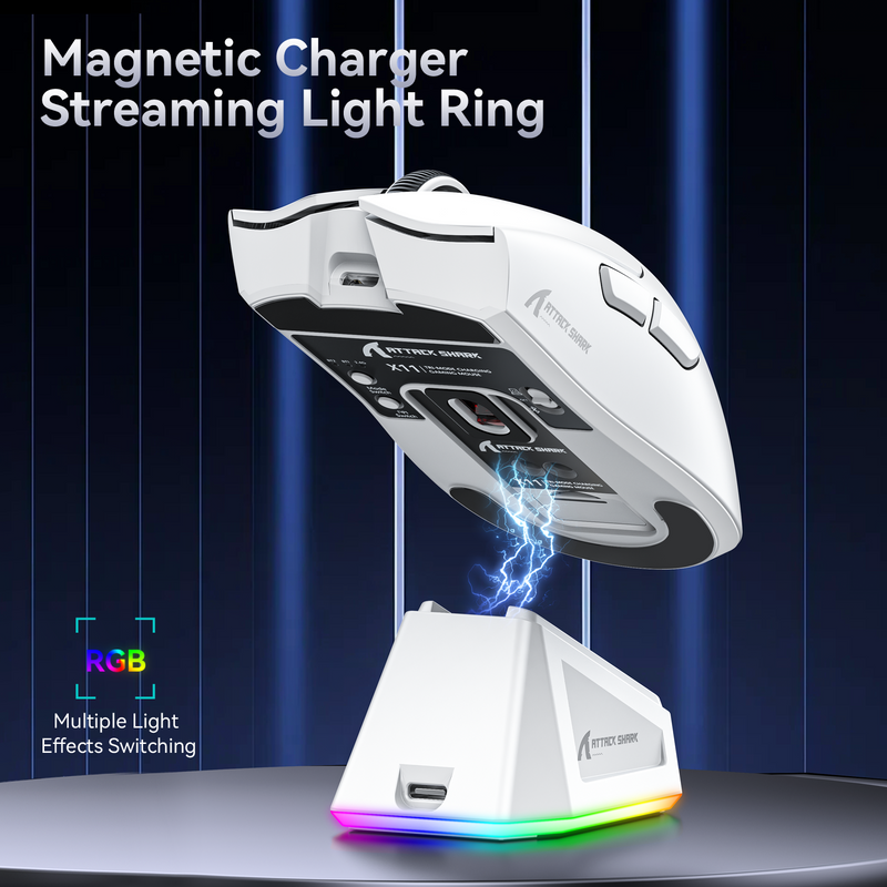 ATTACK SHARK X11 63g UltraLight Wireless Gaming Mouse with Charging Dock - White