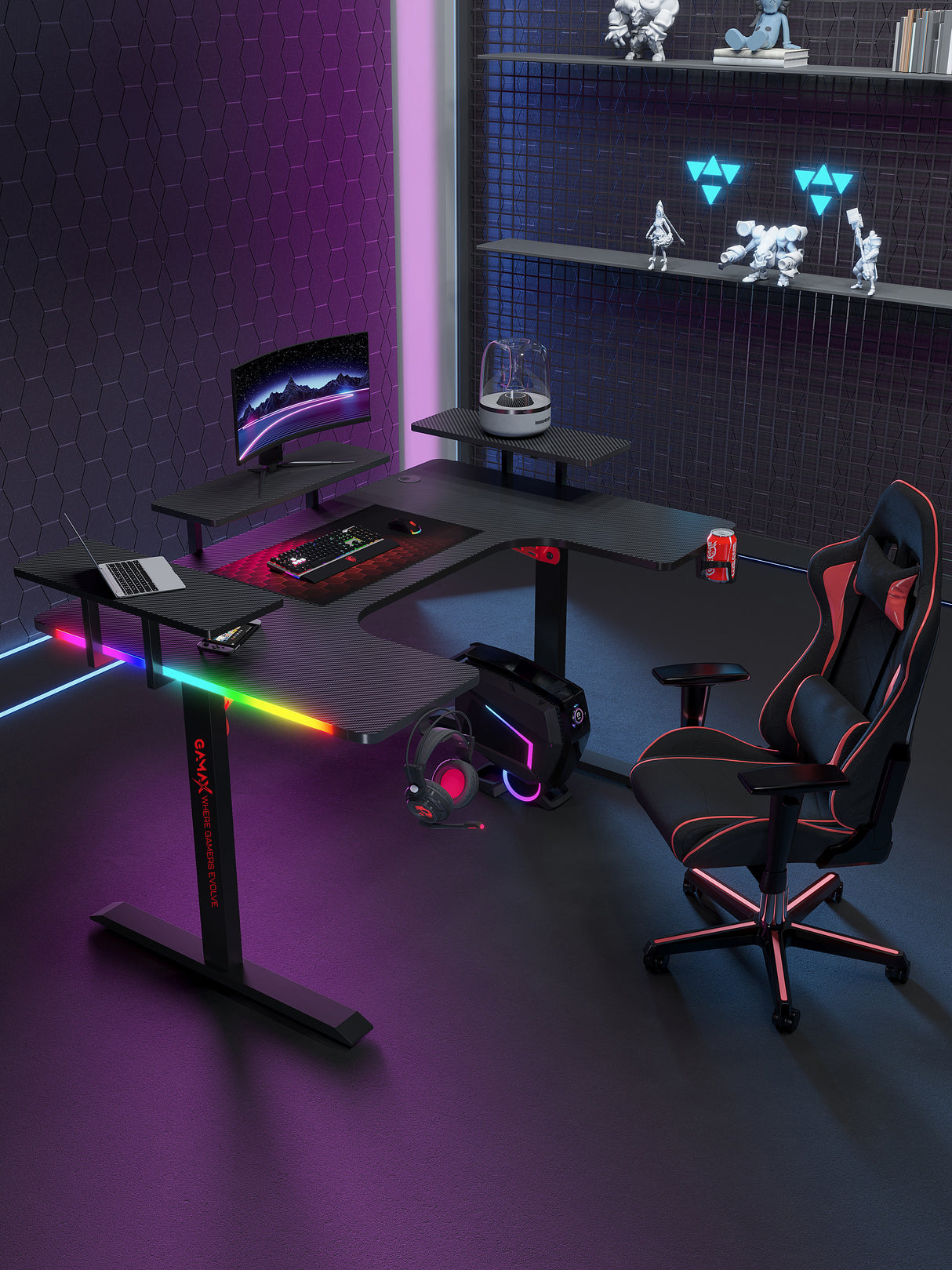 Gamax P203 RGB Carbon Fiber Gaming Workstation Desk with Multi-Level Shelves & Mousepad 160x100x74 cm - Black (Installation Not Included)
