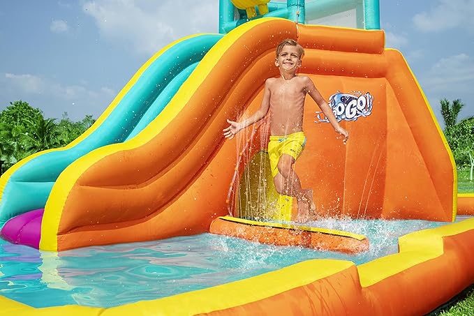 BESTWAY 5.65M X 3.73M X 2.65M TIDAL TOWER MEGA WATER PARK (Contents:1 slide, 1 blower(stakes included), 1 repair kit (multiple assorted patches), 1 storage bag,13 bouncer stakes, 1 waters spraying hose,) Age 5+ / 53385