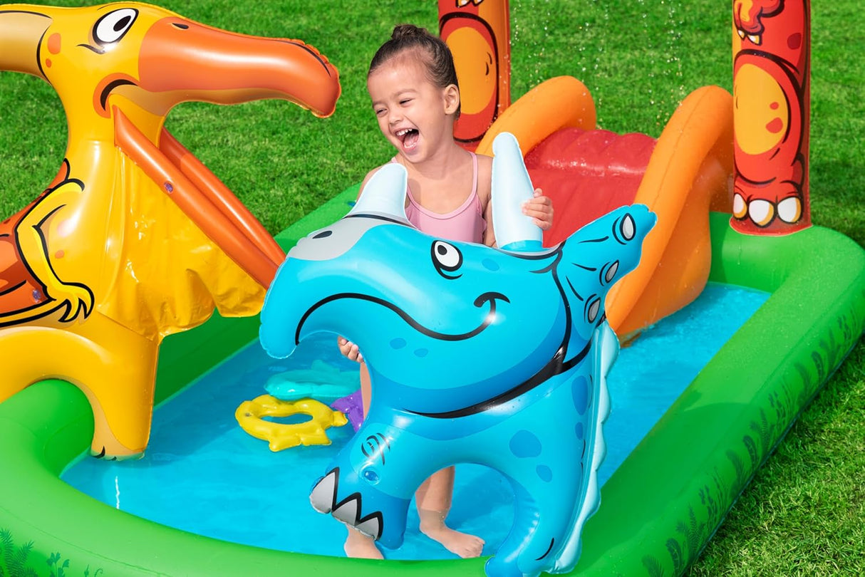 BESTWAY 2.41M X 1.40M X 1.37M JURASSIC SPLASH PLAY CENTER (1 pool, 3 fish shaped rings,1 triceratops ring target, 1 pteranodon ball catch, 1 pteranodon, 1 T-rex, 4 play balls, repair patch.) Age 2+ / 53160