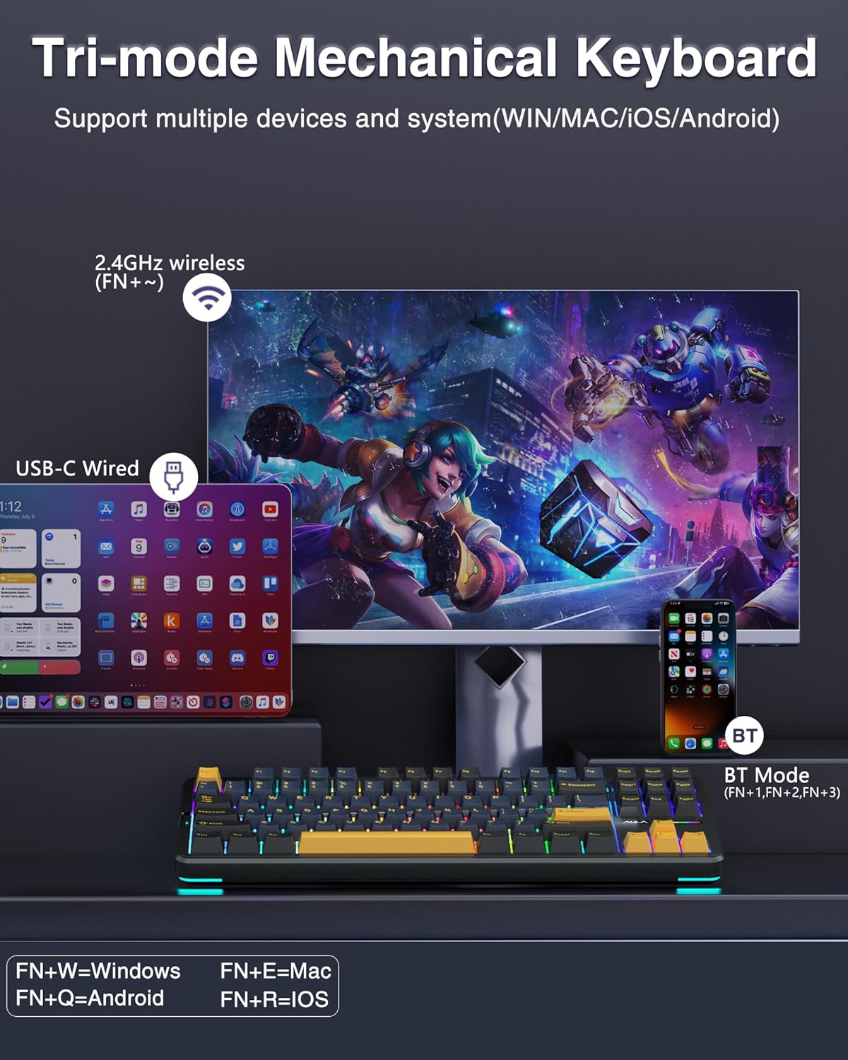 AULA F87 87 Keys Compact TKL Gasket Hot-Swappable Type-C Wired  Gaming Keyboard LEOBOG Grey Wood V3 - Black