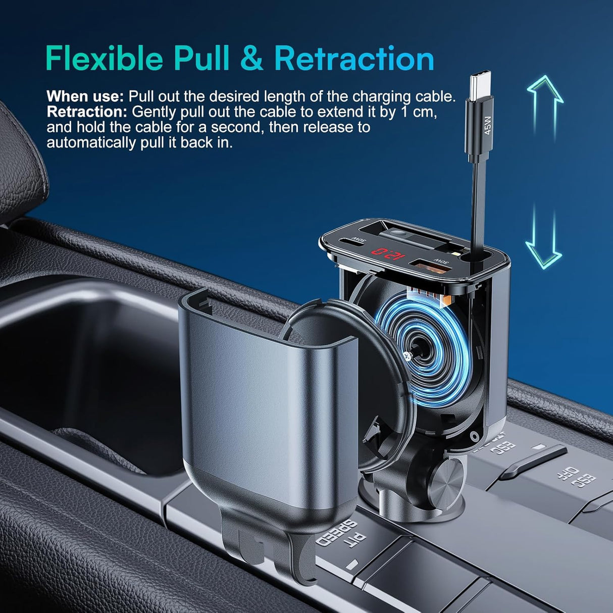 Choetech TC0033 105W Car Charger with Retractable Cable Charger - Black