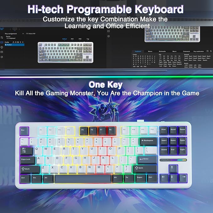 AULA F87 87 Keys Compact TKL Gasket Hot-Swappable Type-C Wired Gaming Keyboard LEOBOG Grey Wood V3 - Glacier Blue